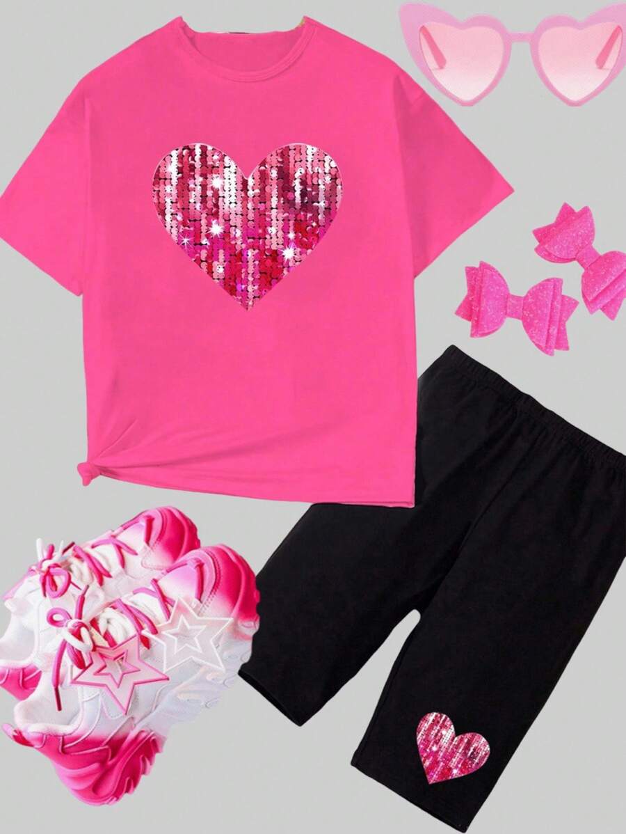SHEIN Sparklyn Tween Girl Casual Summer Heart Print T-Shirt And Tight Shorts 2 Pieces Set - Multicolor - View 1
