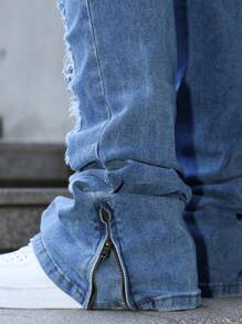 Manfinity EMRG Quần jeans ống loe denim trơn màu, có túi xếp ly, thường ngày dành cho nam, quần jeans dạo phố nam - Rửa nhẹ - Xem 8