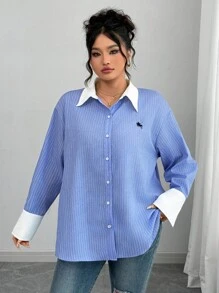 Elenzga Blouse à manches longues rayée avec broderie et couleur contrastée, style décontracté, grande taille, pour femmes, printemps/automne - Bleu et Blanc - Voir 3