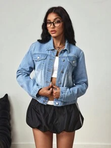 SHEIN Tall Chaqueta casual de manga larga con botones y cuello de jean - Azul lavado medio - Ver 5