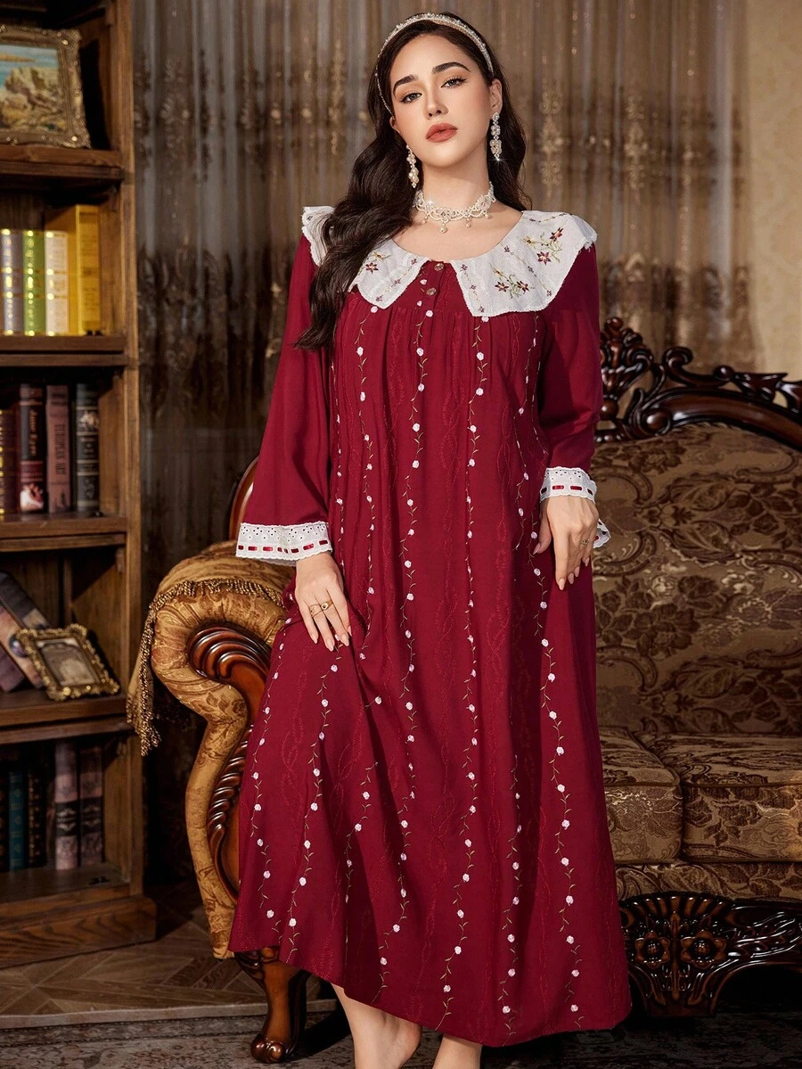 PalaceNights Camisola longa bordada com gola Peter Pan e botões frontais, tamanho grande, Moo Moo, camisola longa de manga comprida para o outono, inverno. - Borgonha - Ver 1