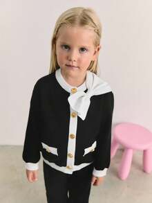 Maija Kids Maija Kids 2件套少女蝴蝶结装饰撞色开衫和裤子套装 - 黑與白 - 查看 5