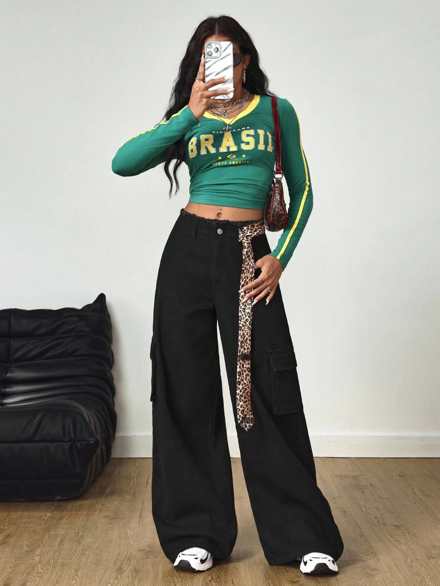 SHEIN Tall 高腰寬腿工裝牛仔褲,附磨損腰帶與口袋,適合高個女性 - 黑色 - 查看 1