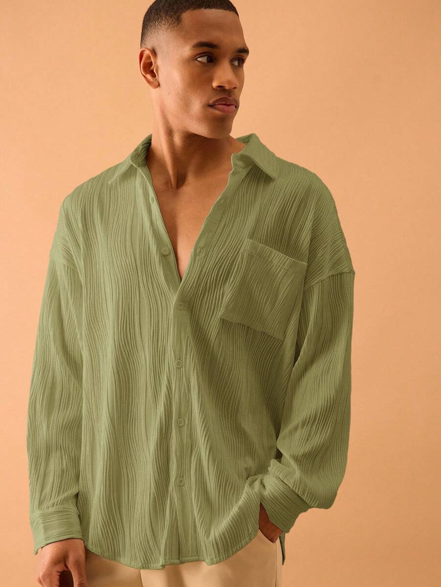 Musero 纹理褶皱长袖纽扣衬衫夏季街头风格度假休闲 - 綠色 - 查看 1