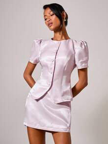 COSMINA Women's Elegant Fashion Button Puff Sleeve Top & Skirt 2 Pieces Set - Pink - View 3