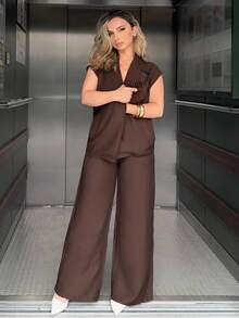 Jeta Ari 2pcs Set Women Minimalist Solid Color Linen Resort-Style Blazer Outfit - Brown - View 1