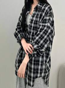 DAZY Versatile Loose Fit Turndown Collar Single-Breasted Plaid Long Sleeve Shirt Fall Tops