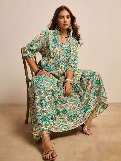 SHEIN LUNE 大码西部风格休闲度假音乐节复活节印花连衣裙春假波西米亚风狂欢装节日春假装旧钱风格女士狂欢装休闲优雅花卉度假装女士音乐会装女士狂欢装节日狂欢装乡村音乐会装纳什维尔装伊比沙岛装西部装女士波西米亚风度假装佩斯利连衣裙波西米亚风连衣裙飘逸连衣裙长袍连衣裙度假装大码波西米亚风连衣裙波西米亚风大码秋季女士时尚服装