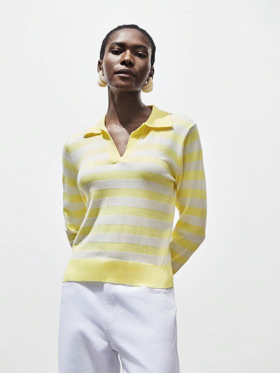 Lumivelle Sweater Pullover Kasual Lembut Wanita dengan Kerah Bergaris dan Blok Warna, Sweater Rajut Musim Gugur/Dingin - MultiWarna - View 1