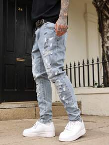 Manfinity LEGND 男士口袋破洞休闲百搭牛仔裤男士街头潮流牛仔裤外出聚会度假街头