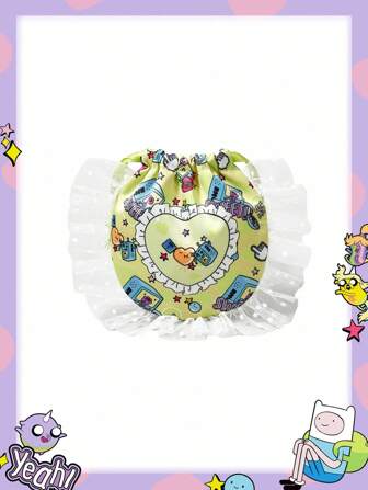Adventure Time X ROMWE Bolsa de cordón de gran capacidad con organizador de maquillaje, con ribete de encaje de malla y estampado de dibujos animados