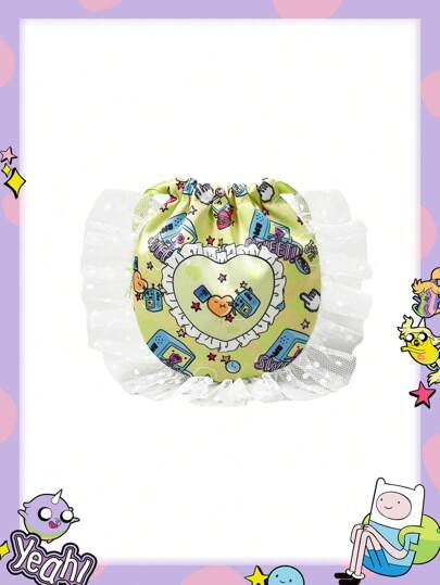 Adventure Time X ROMWE Cartoon Pattern Mesh Lace Trim Large Capacity Drawstring Bag Makeup Bag Organizer