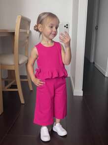 SHEIN 2 件装少女梭织纯色圆领荷叶边宽松背心和梭织宽松休闲裤套装 - 玫紅色 - 查看 1