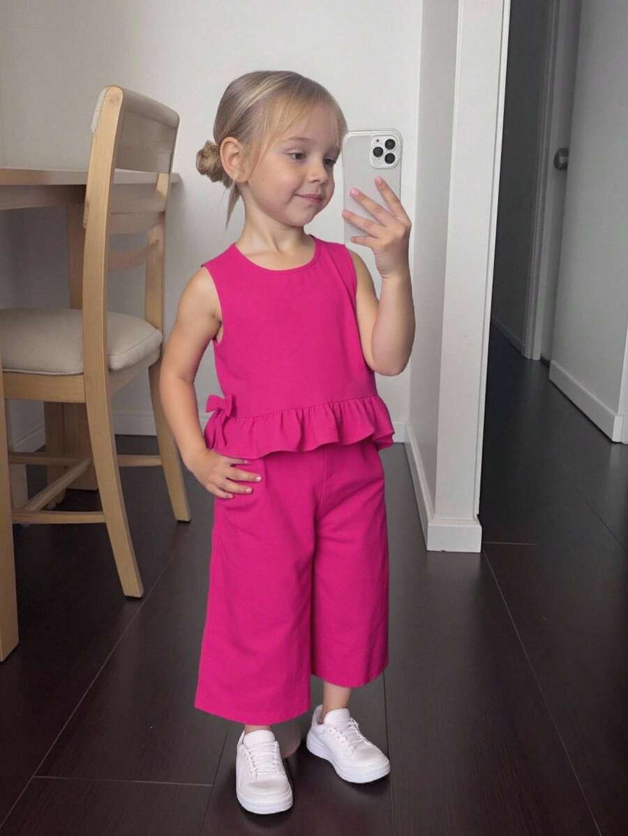 SHEIN 2 件装少女梭织纯色圆领荷叶边宽松背心和梭织宽松休闲裤套装 - 玫紅色 - 查看 1