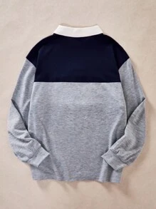 SHEIN Boys' Casual Cartoon Embroidered Polo Shirt, Long Sleeve, Contrast Color Patchwork, New Arrival For Autumn Fall Winter