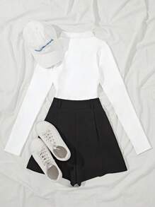 SHEIN Unity Áo thun tay dài cổ polo in họa tiết hiệp sĩ đơn giản, đa năng dành cho nữ - trắng - Xem 2