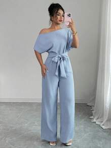 Elenzga Women's Casual Elegant Blue Vertical Striped Dual-Fabric Oblique Collar Shoulder Sleeve Short Sleeve Front Tie Design Long Wide Leg Jumpsuit, Spring/Summer