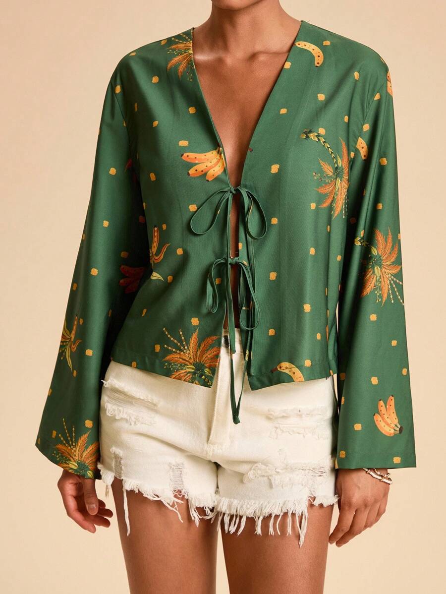 Travachic 女士宽松热带棕榈树印花系带喇叭袖衬衫，秋季女装，波西米亚风格，秋季女装，新款秋季时尚女装，香蕉印花衬衫，绿色图案衬衫，绿色女式衬衫，休闲女装风格，秋季女装，时尚秋季，外出，乡村风格女装 - 綠色 - 查看 1