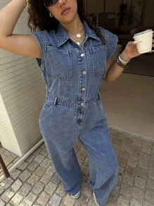 Dripcurv Bộ đồ liền thân denim rộng rãi, tay bồng màu xanh cỡ lớn dành cho nữ, trang phục năm mới, phong cách quý tộc. - Màu xanh lam - Xem 4