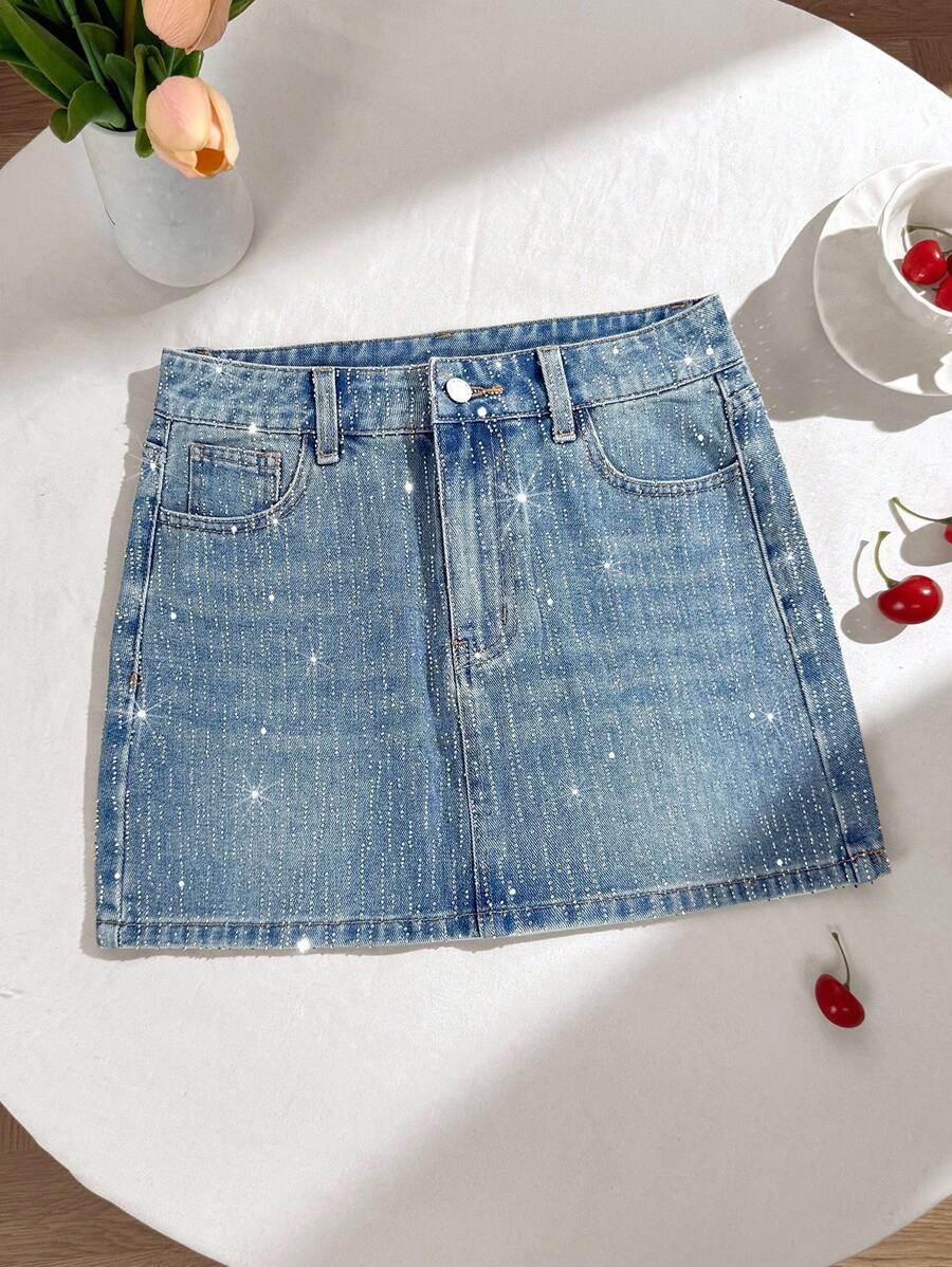 Comfortcana Váy ngắn denim đính đá lấp lánh thời trang dành cho nữ, mùa hè - Rửa tối - Xem 1