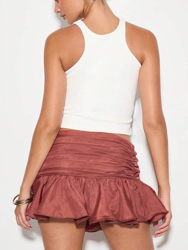 KIZN Minirock mit Organza-Rüschen-Saum, geraffter Taille, für Abendpartys, Clubs, Herbstmode, Festivals, besondere Anlässe