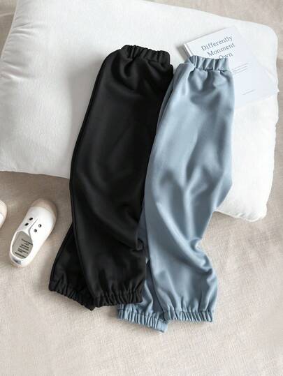 SHEIN 2 件装小男孩纯色松紧腰裤，休闲柔软舒适长裤，适合秋冬休闲外出