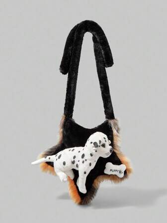 Anime Borsa a tracolla in peluche con motivo a pois a forma di osso di cane stile gotico, pentagramma, stile casual punk Y2K, borsa a tracolla morbida per donna, adatta per autunno/inverno, Ognissanti