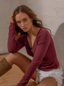 Aralina 秋冬褶皱针织长袖上衣，饰有球形贴花，适合外出、工作等各种场合，尽显斯德哥尔摩风情。 - 酒紅色 - 查看 6