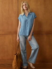 Écloséra 镂空领绣花纽扣前休闲短袖衬衫，夏季 - 藍色 - 查看 5