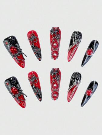 Anime 10 piezas de uñas postizas con diseño de telaraña gótica, oscura y punk, con cadena de esqueleto, y 1 pieza de cinta, para Halloween