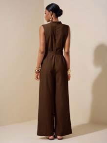 Zivah 2025 Spring/Summer New Apricot Sleeveless Asymmetric Ruched Waist Belt Tie Textured Linen Jumpsuit-B - Brown - View 2