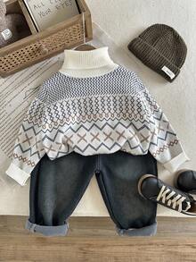 SHEIN Young Boy Geometric Pattern Turtleneck Long Sleeve Casual Sweater Fall Winter - Multicolor - View 5