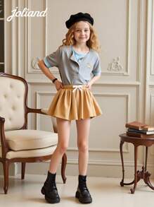 Joliand 1pc Young Girl Elegant Urban Casual Versatile Dog Decor Patchwork Grey & Light Blue Crew Neck Short Sleeve T-Shirt, Suitable For Back To School, Travel, Everyday, Summer & Autumn Back To School  School  Clothes School Supplies ColorfulJoy Backtoschool