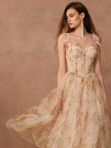 Savoree Elegant & Romantic Floral Print Tie-Up Dress, Suitable For Dates And Occasions, All Season - Dusty Pink - View 3