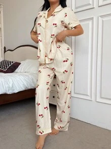 Eraneu Cherry Striped Print Lapel Short Sleeve Pants Women Pajama Set Cherry Pajamas Striped Cherry Pajamas - Yellow - View 3