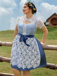 SHEIN Frenchy Plus Size Women Floral Lace Patchwork Sleeveless Square Neck Elegant,Dirndl,German,Oktober,Traditional Dress,Wedding Guest Dress Women - Blue - View 5