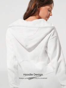 GLOWMODE Áo hoodie nửa khóa kéo cỡ lớn, giữ ấm, có túi lưới bên trong, lỗ xỏ ngón tay cái, mặc hàng ngày, thường ngày - trắng - Xem 3