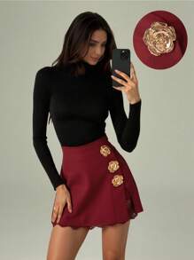 Modelyn 时尚褶皱蕾丝拼布设计休闲优雅女式半身裙，适合上班和上学 - 酒紅色 - 查看 2