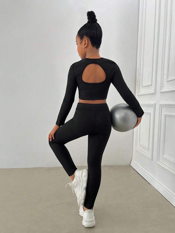 Conjunto deportivo de unicolor sin espalda para niña joven, conjunto deportivo para adolescentes, conjunto de pantalones ajustados para chicas adolescentes, adecuado para uso diario, al aire libre y deportes casuales