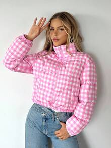 Sweetina 女式立领长袖拉链格子冬季夹克 - 粉色 - 查看 3