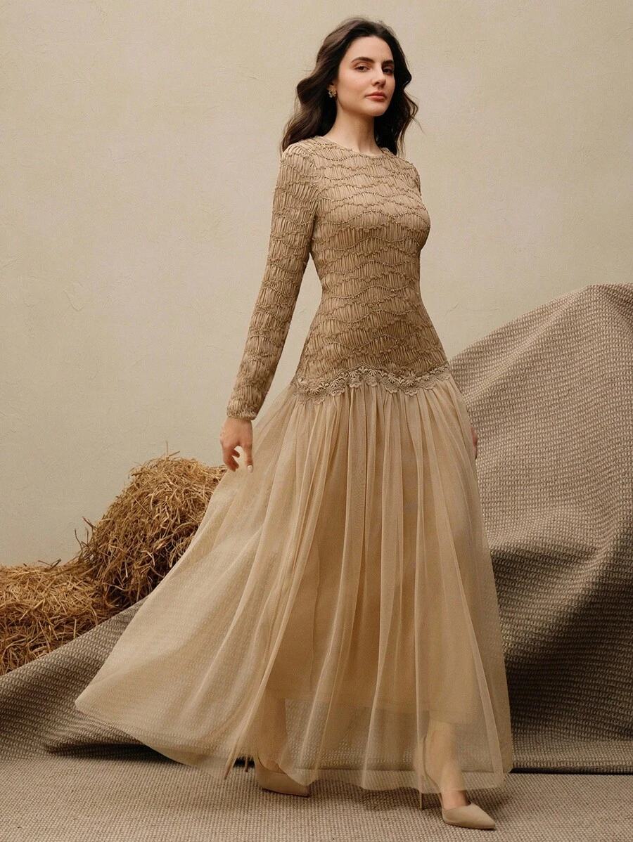 Anewsta 女士优雅修身拼接长裙，适合约会、聚会 - 卡其色 - 查看 1