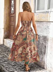 Brillora 度假印花開叉編織亞麻領口長裙 - 彩色 - 查看 2