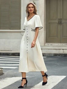 EMERY ROSE 女装新款春夏设计感杏色撞色黑色V领荷叶边袖撞色抽绳腰带A字廓形修身开衩休闲度假高端优雅气质连衣裙