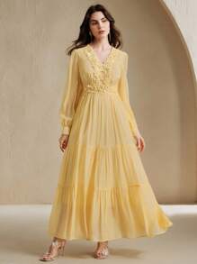 Anewsta Váy dài nhẹ nhàng, phong cách nghỉ dưỡng thanh lịch, màu vàng kem, nhiều lớp, đính ren và đá giả kim cương, dành cho nữ, mùa thu/đông - Vàng nhạt - Xem 4