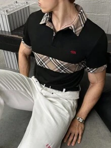 Manfinity BRENVOR 男士黑色格子针织短袖Polo衫，格子拼接，适合夏季 - 黑色 - 查看 5