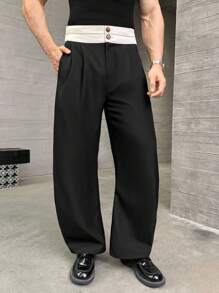 SWAVVY Men's Fashion Loose Woven Mid-Waist Trousers, Fall - Black and White - View 2