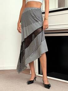 Roylia Women's Elegant Fashion Fitted Polka Dot Contrast Lace Hem Asymmetric Hem Skirt, Spring/Autumn Casual Outfits Spring - Black - View 4