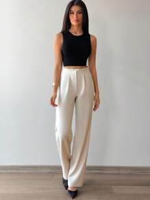 EURMUSE 高腰直筒褶饰梭织面料长裤