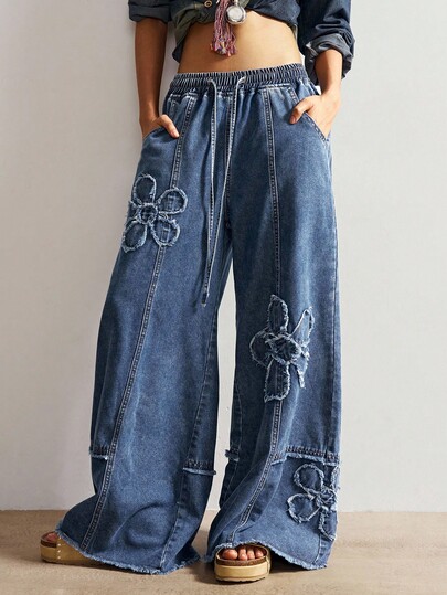 Bohemela Women's Casual Solid Color Wide Leg Jeans Baggy Jeans Jeans With Designs