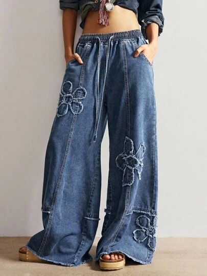 Bohemela 秋季大码休闲花卉印花抽绳腰阔腿裤